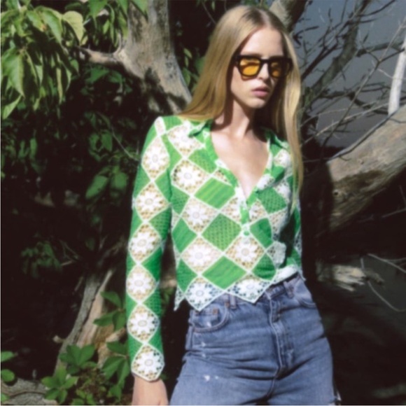 Zara Green & White Button Front Crochet Top Size small - Picture 2 of 8